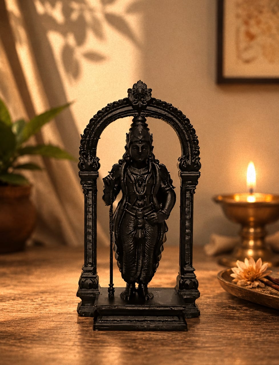 Lord Murugan 3D printed statue in matte black for home altar